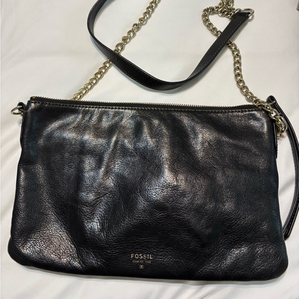 Black Fossil Leather Chain Strap Bag